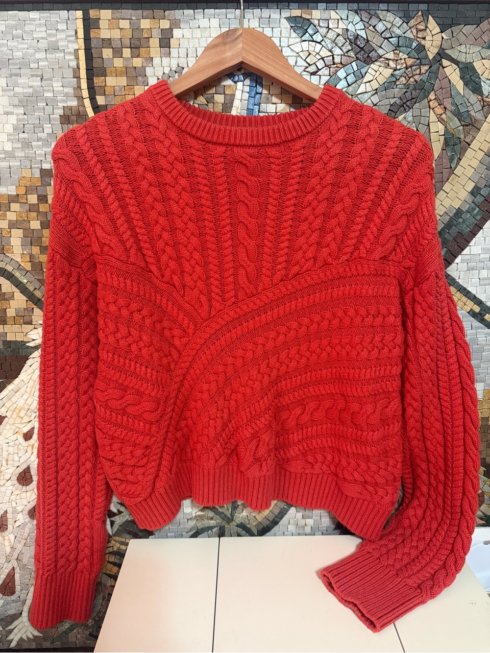 Monrow Coral Cable-Knit Crewneck Sweater